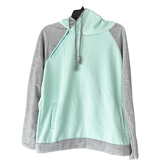 Mint Green & Gray Quilted Pullover Hoodie With Front Pocket & Zipper Accent - XX - Picture 1 of 7